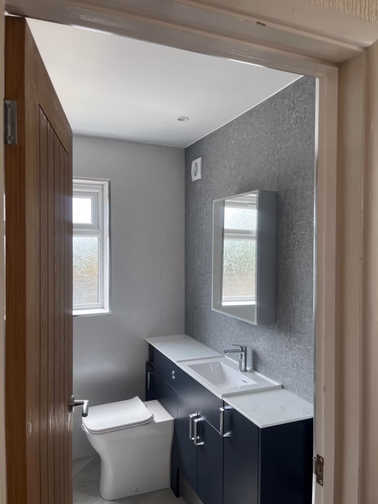 Bathroom installation Teignmouth with modern vanity unit, toilet and wall panel finish