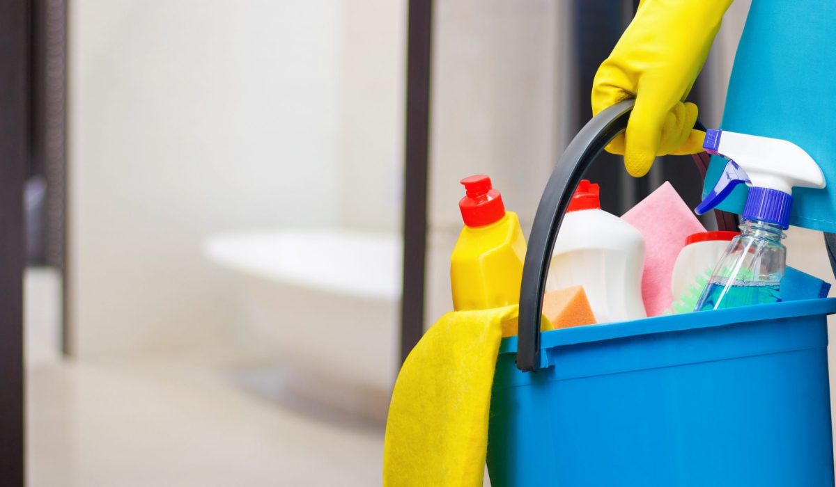 Cleaning lady with a bucket in hand on the background of the bathroom.